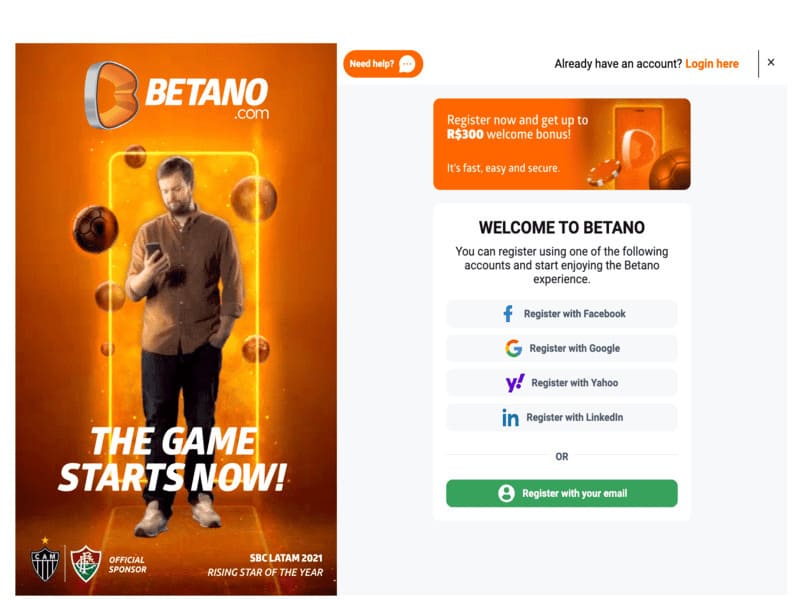 Inscription sur le site officiel du casino en ligne Betano