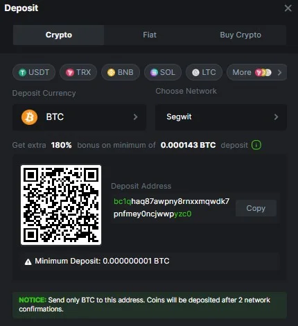 Crypto deposit at BC Game.